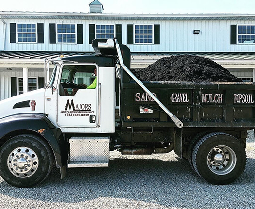 Majors Entersprises provides high quality topsoil, sand, gravel, mulch, and more. Majors Enterprises dump truck